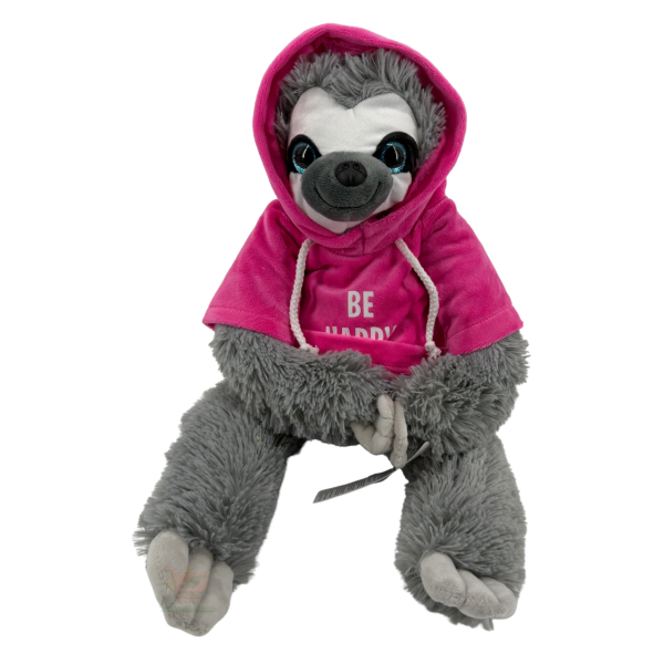 Graues Faultier Plüschtier mit pinkem Hoodie und Aufdruck „BE HAPPY“, ca. 30 cm sitzend (ca. 52 cm stehend).